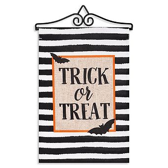 G128 Combo Set: Garden Flag Hanger And Trick Or Treat Bats And Black And White Stripes 12"x18"