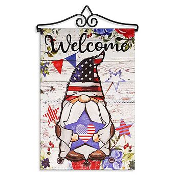 G128 Combo Set: Garden Flag Hanger And Garden Flag Welcome Patriotic Gnome With Star 12"x18"