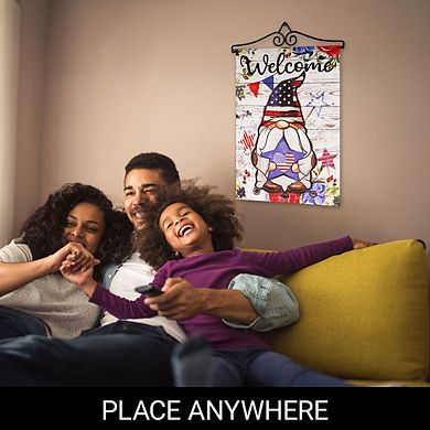 G128 Combo Set: Garden Flag Hanger And Garden Flag Welcome Patriotic Gnome With Star 12"x18"