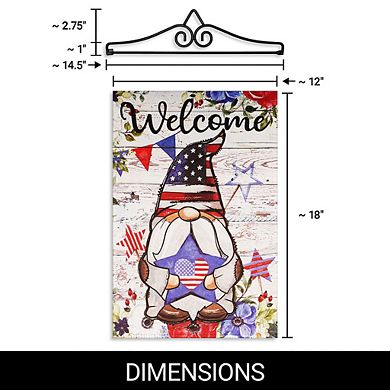 G128 Combo Set: Garden Flag Hanger And Garden Flag Welcome Patriotic Gnome With Star 12"x18"