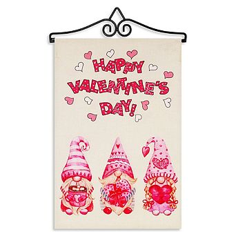 G128 Combo Set: Garden Flag Hanger And Happy Valentine's Day 3 Pink Hat Gnomes 12"x18"
