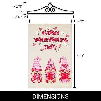 G128 Combo Set: Garden Flag Hanger And Happy Valentine's Day 3 Pink Hat Gnomes 12"x18"