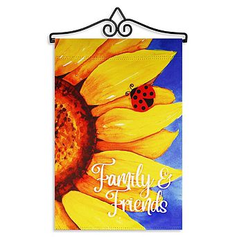 G128 Combo Set: Garden Flag Hanger And Garden Flag Family Friends Sunflowers 12"x18"