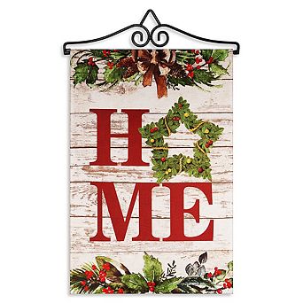 G128 Combo Set: Garden Flag Hanger And Garden Flag Home Wreath On Rustic Wood 12"x18"