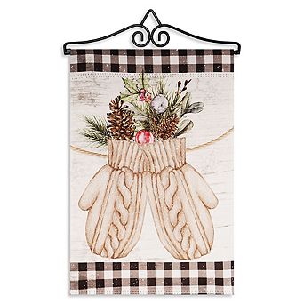 G128 Combo Set: Garden Flag Hanger And Garden Flag Mittens With Evergreen Arrangement 12"x18"