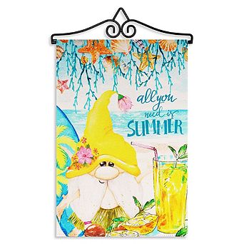 G128 Combo Set: Garden Flag Hanger And Garden Flag All You Need Is Summer Gnome 12"x18"