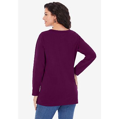 Roaman's Women's Plus Size Ultimate Long Sleeve Henley Tee With Sweetheart Neck