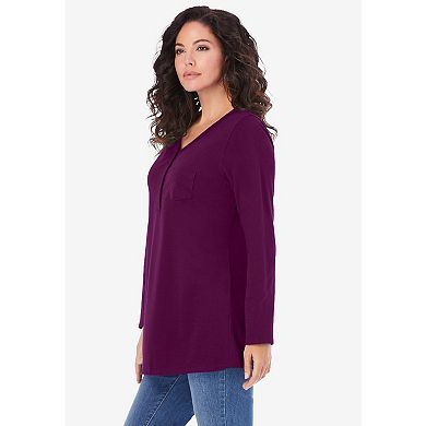 Roaman's Women's Plus Size Ultimate Long Sleeve Henley Tee With Sweetheart Neck