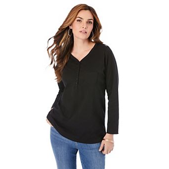 Roaman's Women's Plus Size Ultimate Long Sleeve Henley Tee With Sweetheart Neck