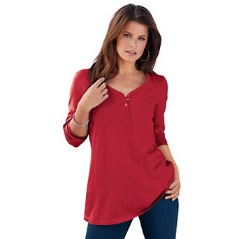 Roaman's Women's Plus Size Ultimate Long Sleeve Henley Tee With Sweetheart Neck