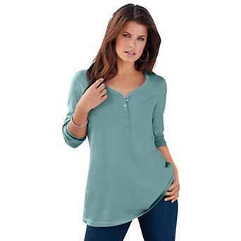 Roaman's Women's Plus Size Ultimate Long Sleeve Henley Tee With Sweetheart Neck