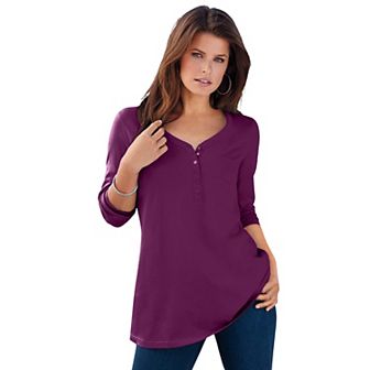 Roaman's Women's Plus Size Ultimate Long Sleeve Henley Tee With Sweetheart Neck