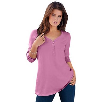 Roaman's Women's Plus Size Ultimate Long Sleeve Henley Tee With Sweetheart Neck