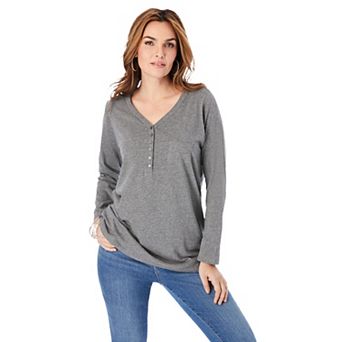 Roaman's Women's Plus Size Ultimate Long Sleeve Henley Tee With Sweetheart Neck