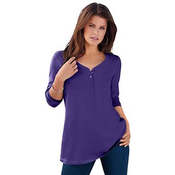Roaman's Women's Plus Size Ultimate Long Sleeve Henley Tee With Sweetheart Neck