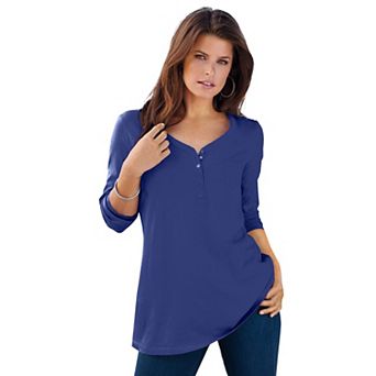 Roaman's Women's Plus Size Ultimate Long Sleeve Henley Tee With Sweetheart Neck