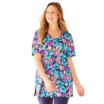 Catherines Women's Plus Size Petite Easy Fit Short Sleeve V-Neck Tunic