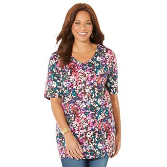 Catherines Women's Plus Size Petite Easy Fit Short Sleeve V-Neck Tunic