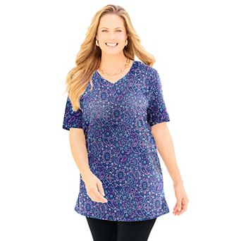 Catherines Women's Plus Size Petite Easy Fit Short Sleeve V-Neck Tunic