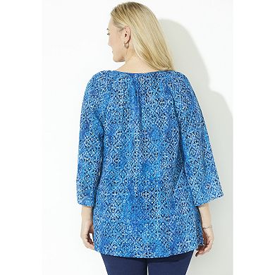 Catherines Women's Plus Size Sequin Trim Gauze Peasant Blouse