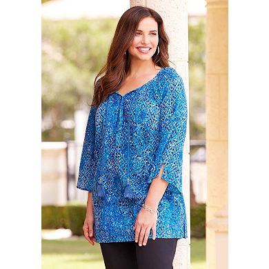 Catherines Women's Plus Size Sequin Trim Gauze Peasant Blouse