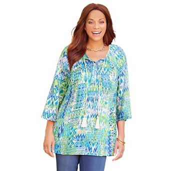 Catherines Women's Plus Size Sequin Trim Gauze Peasant Blouse