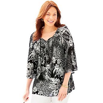 Catherines Women's Plus Size Sequin Trim Gauze Peasant Blouse