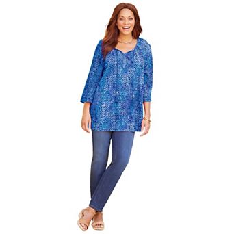Catherines Women's Plus Size Sequin Trim Gauze Peasant Blouse