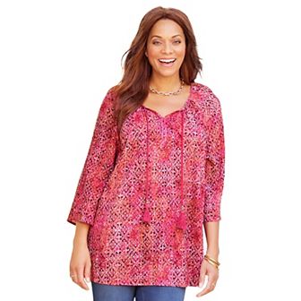 Catherines Women's Plus Size Sequin Trim Gauze Peasant Blouse