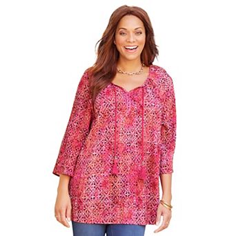 Catherines Women's Plus Size Sequin Trim Gauze Peasant Blouse