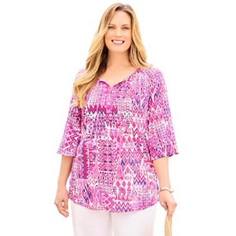 Catherines Women's Plus Size Sequin Trim Gauze Peasant Blouse