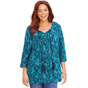 Catherines Women's Plus Size Sequin Trim Gauze Peasant Blouse