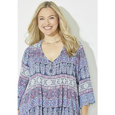 Catherines Women's Plus Size Lace Trim Gauze Blouse