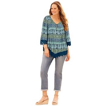 Catherines Women's Plus Size Lace Trim Gauze Blouse