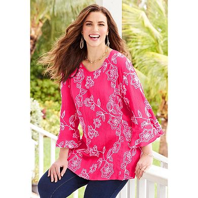 Catherines Women's Plus Size Embroidered Gauze Tunic
