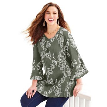 Catherines Women's Plus Size Embroidered Gauze Tunic