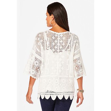 Roaman's Women's Plus Size Scallop Trim Crochet Cardigan