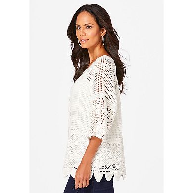 Roaman's Women's Plus Size Scallop Trim Crochet Cardigan