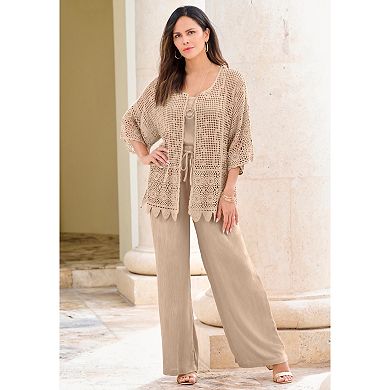 Roaman's Women's Plus Size Scallop Trim Crochet Cardigan