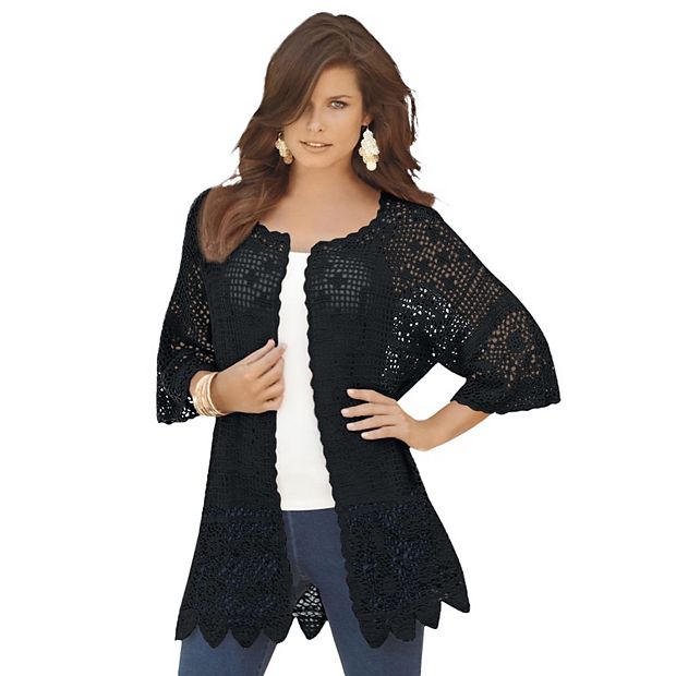 Roaman's Women's Plus Size Scallop Trim Crochet Cardigan
