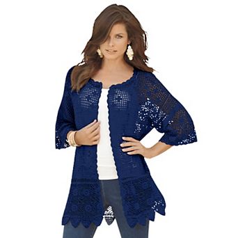 Roaman's Women's Plus Size Plus Size Scallop Trim Crochet Cardigan
