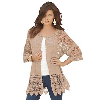 Roaman's Women's Plus Size Plus Size Scallop Trim Crochet Cardigan