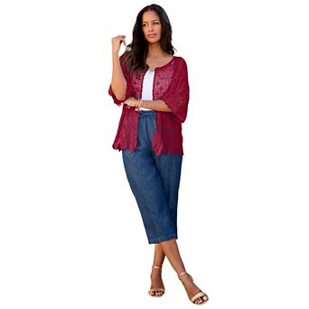 Roaman's Women's Plus Size Scallop Trim Crochet Cardigan