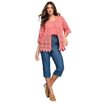 Roaman's Women's Plus Size Plus Size Scallop Trim Crochet Cardigan
