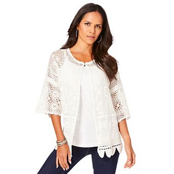 Roaman's Women's Plus Size Plus Size Scallop Trim Crochet Cardigan