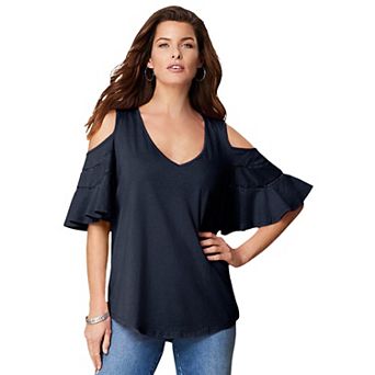 Roaman's Women's Plus Size Ruffle-Sleeve Top With Cold Shoulder Detail