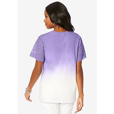 Roaman's Women's Plus Size Lace-Sleeve Ombre Slub Tee