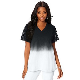 Roaman's Women's Plus Size Lace-Sleeve Ombre Slub Tee