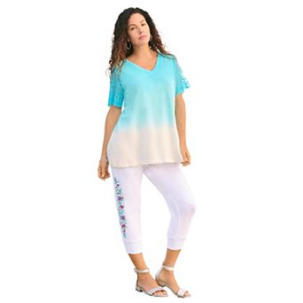 Roaman's Women's Plus Size Lace-Sleeve Ombre Slub Tee