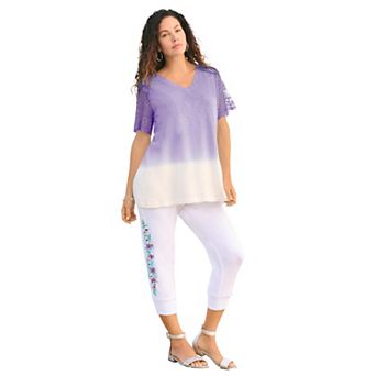 Roaman's Women's Plus Size Lace-Sleeve Ombre Slub Tee